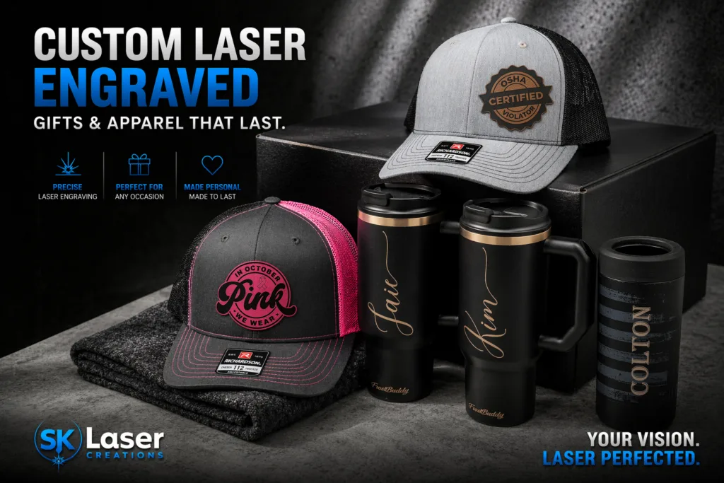 Laser engraved leather-patch hats and personalized Frost Buddy tumblers by SK Laser Creations