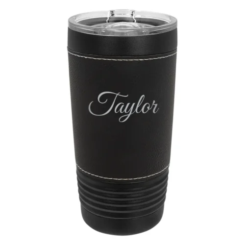 Personalized Black Leatherette 20 oz Tumbler with Slider Lid
