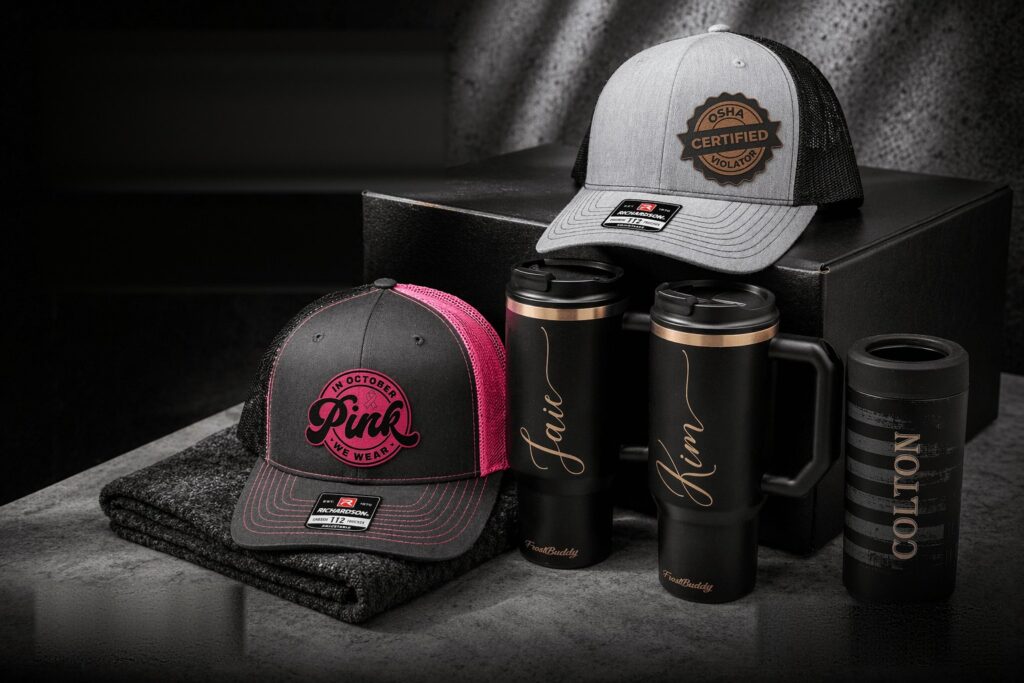 Laser engraved leather-patch hats and personalized Frost Buddy tumblers by SK Laser Creations